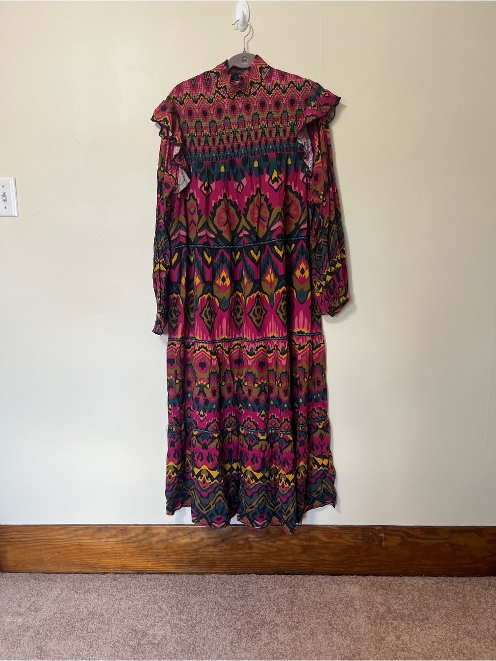 Anthropologie Patterned Tiered Midi Skirt - Fuchsia, Teal, Mustard - Picture 3 of 5